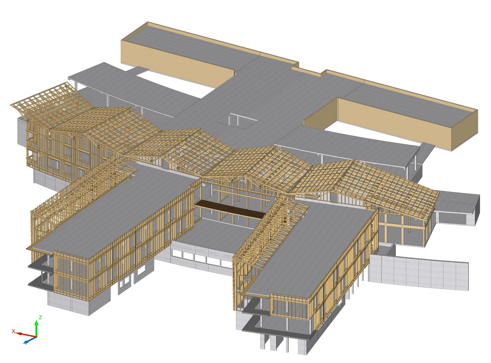 Modèle 3D de la structure bois de l'EHPAD de Saugues : charpente et murs à ossature bois