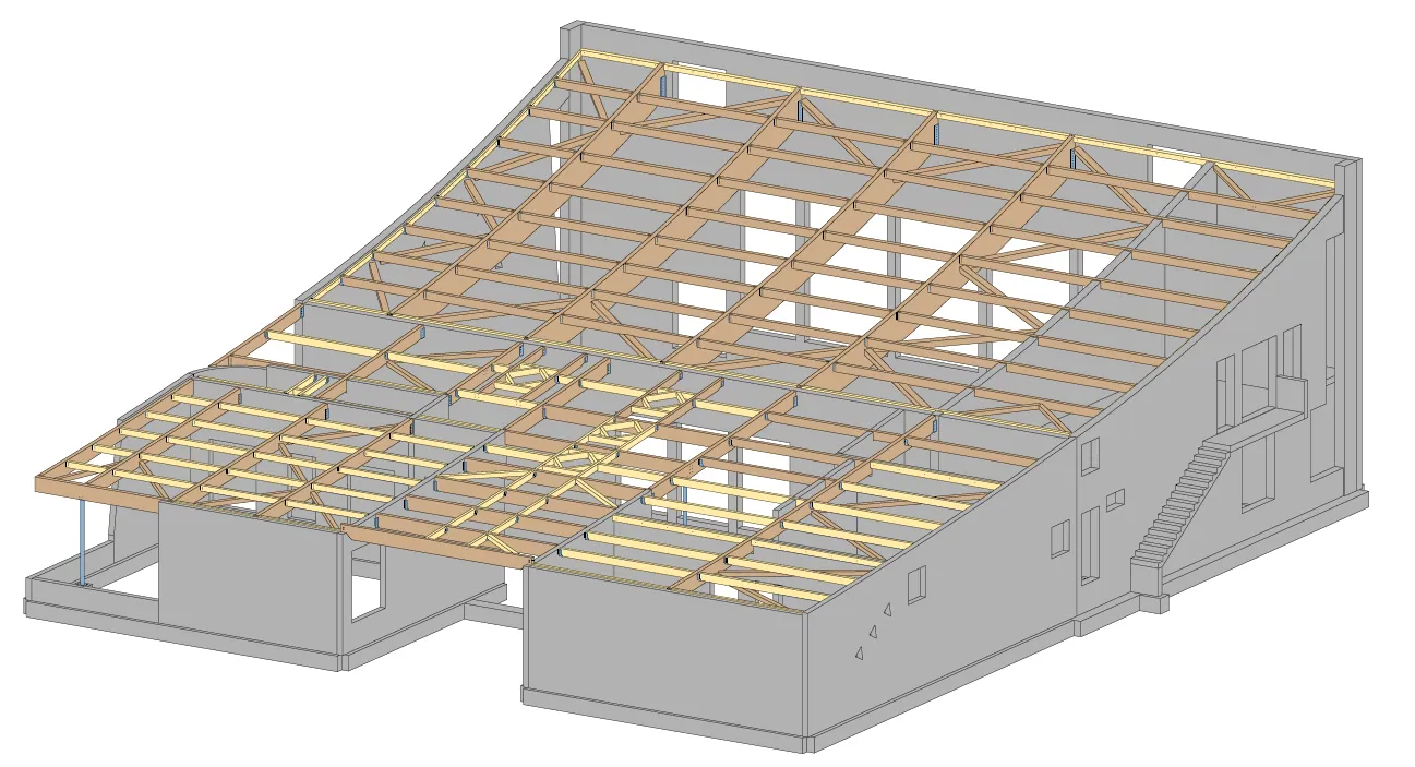 Axonométrie de la structure bois de la salle polyvalente de Lamastre