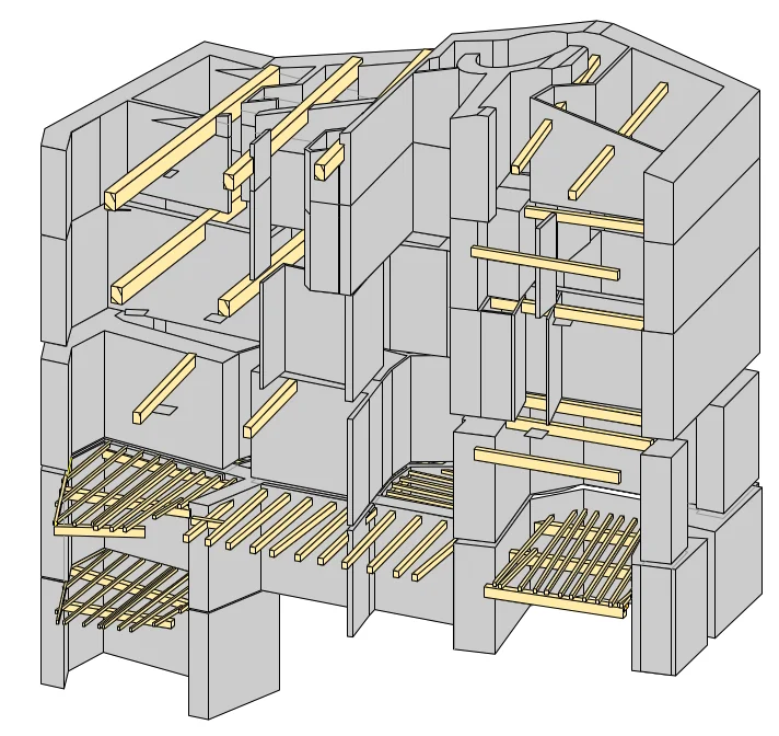 Maquette 3D de la structure d'un immeuble, modélisée sous Cadwork à partir du nuage de points